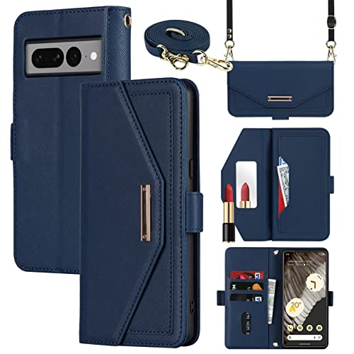 Jaorty Crossbody Wallet for Google Pixel 7 Pro Case with Adjustable Lanyard Strap Credit Card Holder 6.7",PU Leather Handbag Purse Kickstand Make Up Mirror Cover Case for Men Women Girl,Blue