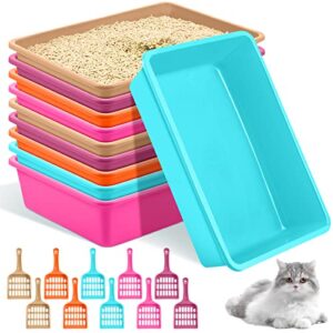 10Pcs Open Cat Litter Box Kitten Litter Pan with 10 Scooper Medium Plastic Litter Tray Durable Nonstick Litter Box for Indoor Pets Cats Rabbit Supplies Easy to Clean,14.6x10.6x3.4 Inch, Assorted Color