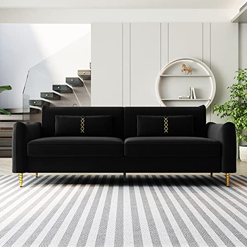 Kadway Loveseat Black Sofa Couch, 86" Velvet Sofa for 3-4 Persons, Modern Upholstered Sofa with Gold Metal Legs, Love Seat Sofa Sectional Couches for Living Room, Office, Hotel