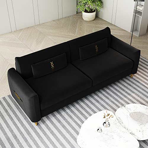 Kadway Loveseat Black Sofa Couch, 86" Velvet Sofa for 3-4 Persons, Modern Upholstered Sofa with Gold Metal Legs, Love Seat Sofa Sectional Couches for Living Room, Office, Hotel