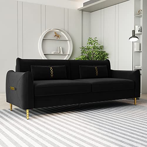 Kadway Loveseat Black Sofa Couch, 86" Velvet Sofa for 3-4 Persons, Modern Upholstered Sofa with Gold Metal Legs, Love Seat Sofa Sectional Couches for Living Room, Office, Hotel