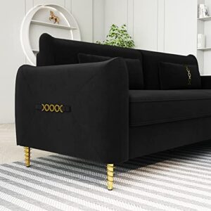 Kadway Loveseat Black Sofa Couch, 86" Velvet Sofa for 3-4 Persons, Modern Upholstered Sofa with Gold Metal Legs, Love Seat Sofa Sectional Couches for Living Room, Office, Hotel