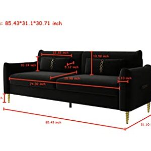 Kadway Loveseat Black Sofa Couch, 86" Velvet Sofa for 3-4 Persons, Modern Upholstered Sofa with Gold Metal Legs, Love Seat Sofa Sectional Couches for Living Room, Office, Hotel