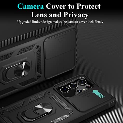 JDHDL for Galaxy S23 Ultra Case with Slide Camera Cover, Built-in Finger Ring Kickstand, Dual Layer Shockproof Protective Phone Case for Samsung Galaxy S23 Ultra 6.8" 2023 Release (Black)