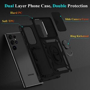 JDHDL for Galaxy S23 Ultra Case with Slide Camera Cover, Built-in Finger Ring Kickstand, Dual Layer Shockproof Protective Phone Case for Samsung Galaxy S23 Ultra 6.8" 2023 Release (Black)