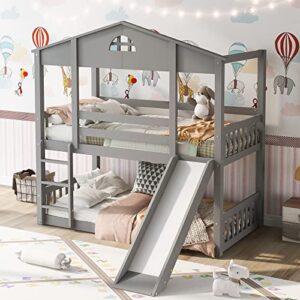 polibi twin over twin bunk bed with convertible slide and ladder, can be converted into 2 solid wood house platform bed with roof and guardrail, grey