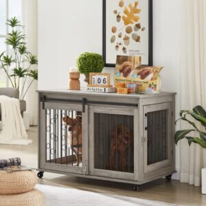 rophefx dog crate furniture with sliding door, dog kennel indoor with partition for two puppies, dog cage with flip-up top and wheels, chew-resistant wooden dog house, grey