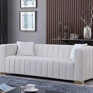 i-POOK 87" Chesterfield Sofa, Modern Velvet Channel Tufted Upholstered Sofa Couch with 2 Toss Pillows and Armrest 3 Seater Sofa with Metal Legs Accent Sofa for Living Room Office Apartment, White