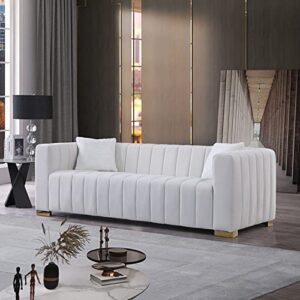 i-pook 87" chesterfield sofa, modern velvet channel tufted upholstered sofa couch with 2 toss pillows and armrest 3 seater sofa with metal legs accent sofa for living room office apartment, white
