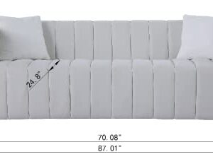 i-POOK 87" Chesterfield Sofa, Modern Velvet Channel Tufted Upholstered Sofa Couch with 2 Toss Pillows and Armrest 3 Seater Sofa with Metal Legs Accent Sofa for Living Room Office Apartment, White