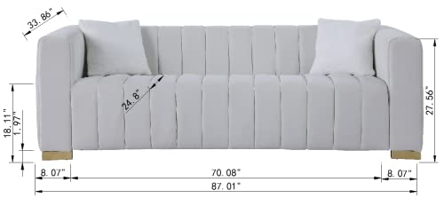 i-POOK 87" Chesterfield Sofa, Modern Velvet Channel Tufted Upholstered Sofa Couch with 2 Toss Pillows and Armrest 3 Seater Sofa with Metal Legs Accent Sofa for Living Room Office Apartment, White