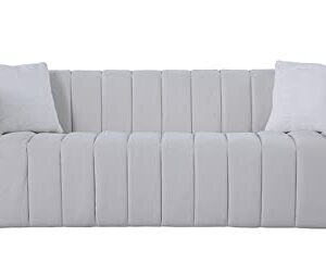 i-POOK 87" Chesterfield Sofa, Modern Velvet Channel Tufted Upholstered Sofa Couch with 2 Toss Pillows and Armrest 3 Seater Sofa with Metal Legs Accent Sofa for Living Room Office Apartment, White