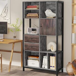 AOGLLATI 6-Tier Industrial Bookshelf, Bookcase with Cabinet and 2 Fabric Drawers, Adjustable Display Shelves with Metal Frame, Standing Storage Shelf for Living Room Bedroom Kitchen Home Office