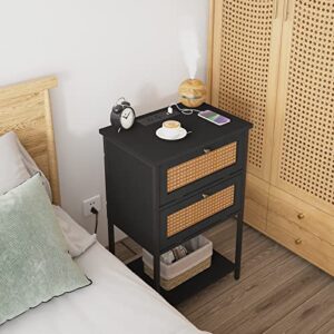 NONGSHIM Nightstand with Charging Station, Rattan Side Table with USB Ports and Outlets, Bedside Table with Open Storage Shelf, 4 Tier Modern Sofa End Table for Bedroom, Living Room, Office, Black