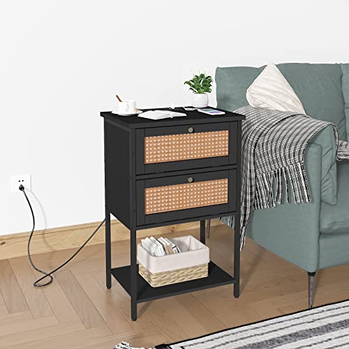 NONGSHIM Nightstand with Charging Station, Rattan Side Table with USB Ports and Outlets, Bedside Table with Open Storage Shelf, 4 Tier Modern Sofa End Table for Bedroom, Living Room, Office, Black