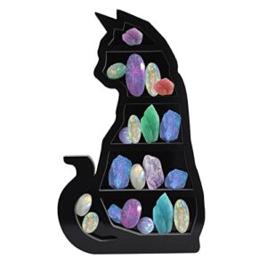 jeegard crystal display shelf, wood moon cat shelf, cat wooden shelf for crystals, unique black wall mounted cat crystals display case for display of your crystals, perfumes, art, jewelry