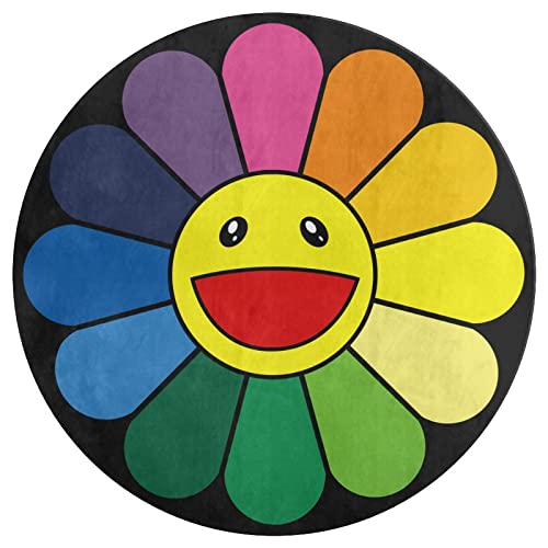 Takashi Murakami Sunflower Round Floor Mat Modern Home Decor Carpet Area Rug Non-Slip Door mat,for Indoor Living Dining Room Bedroom 4 Ft