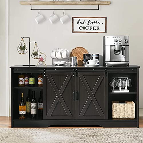 4ever2buy Farmhouse Buffet Cabinet with Storage, 59’’ Coffee Bar Cabinet with Sliding Barn Door, Kitchen Sideboards Buffet Cabinet Adjustable Shelf, Coffee Bar Table for Living Dining Room,Espresso