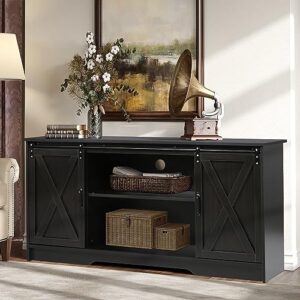 4ever2buy Farmhouse Buffet Cabinet with Storage, 59’’ Coffee Bar Cabinet with Sliding Barn Door, Kitchen Sideboards Buffet Cabinet Adjustable Shelf, Coffee Bar Table for Living Dining Room,Espresso