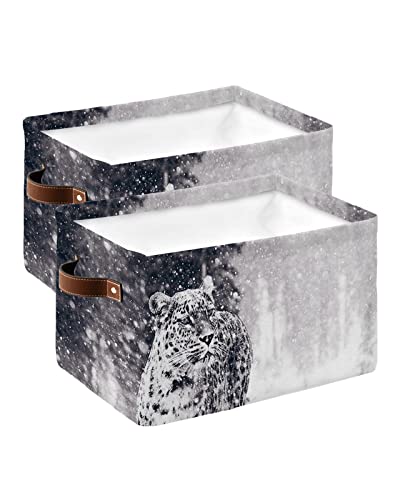 Animal Themed Storage Bins for Organizing, Decorative Large Closet Organizers with Handles Cubes - 2 Pack Fabric Baskets for Shelves, Closets, Laundry, Nursery, Wild Tiger Leopard Walking in the Snow