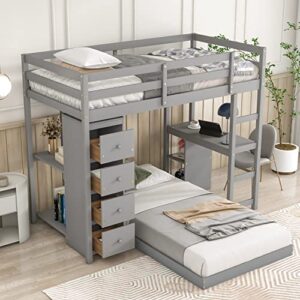 polibi twin over-twin bunk bed with built-in desks, drawers and shelves, twin size wooden loft bed with 4 storage drawers, desk, shelves and bottom platform bed (grey)