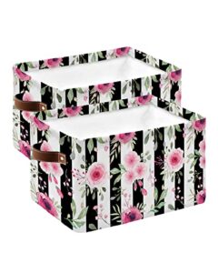 rose storage bins for organizing, decorative closet organizers with handles cubes - 2 pack fabric baskets for shelves, closets, laundry, nursery, watercolor pink rose chic flower black white stripes