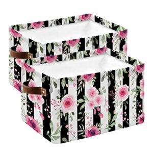 Rose Storage Bins for Organizing, Decorative Closet Organizers with Handles Cubes - 2 Pack Fabric Baskets for Shelves, Closets, Laundry, Nursery, Watercolor Pink Rose Chic Flower Black White Stripes