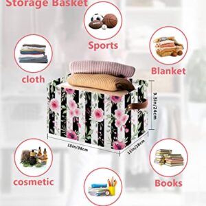 Rose Storage Bins for Organizing, Decorative Closet Organizers with Handles Cubes - 2 Pack Fabric Baskets for Shelves, Closets, Laundry, Nursery, Watercolor Pink Rose Chic Flower Black White Stripes