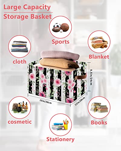 Rose Storage Bins for Organizing, Decorative Closet Organizers with Handles Cubes - 2 Pack Fabric Baskets for Shelves, Closets, Laundry, Nursery, Watercolor Pink Rose Chic Flower Black White Stripes