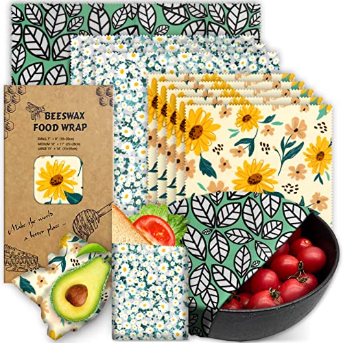 Beeswax Wrap, 9 Pack Eco-Friendly Beeswax Wraps for Food Storage, Organic, Sustainable, Beeswax Food Wraps, Zero Waste Reusable Food Wrap Beeswax Paper 1L, 3M, 5S Plants Pattern Sandwich Wrappers