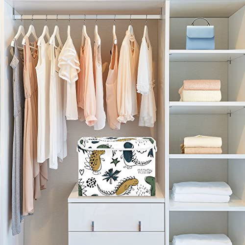 innewgogo Dinosaurs White Storage Bins with Lids for Organizing Foldable Storage Box With Lid with Handles Oxford Cloth Storage Cube Box for Study Room