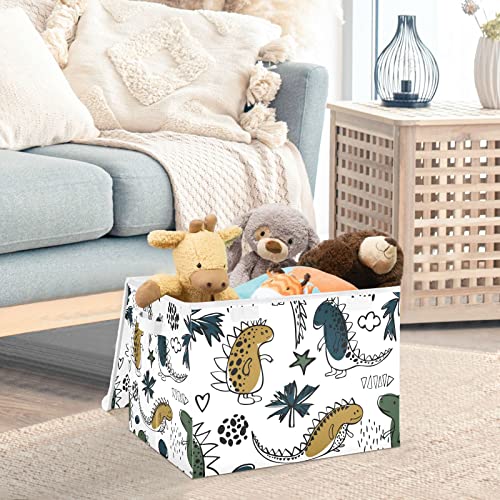 innewgogo Dinosaurs White Storage Bins with Lids for Organizing Foldable Storage Box With Lid with Handles Oxford Cloth Storage Cube Box for Study Room