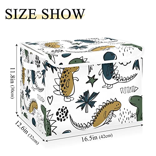 innewgogo Dinosaurs White Storage Bins with Lids for Organizing Foldable Storage Box With Lid with Handles Oxford Cloth Storage Cube Box for Study Room