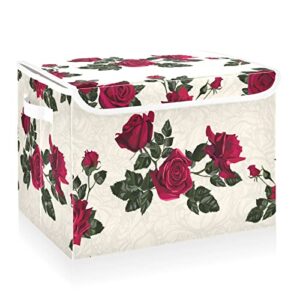 cataku red rose vintage storage bins with lids and handles, fabric large storage container cube basket with lid decorative storage boxes for organizing clothes
