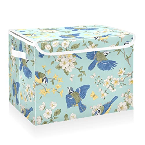 CaTaKu Tits Birds Flowers Storage Bins with Lids and Handles, Fabric Large Storage Container Cube Basket with Lid Decorative Storage Boxes for Organizing Clothes