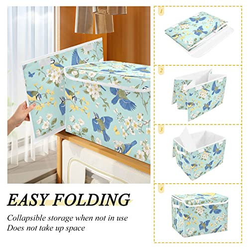 CaTaKu Tits Birds Flowers Storage Bins with Lids and Handles, Fabric Large Storage Container Cube Basket with Lid Decorative Storage Boxes for Organizing Clothes