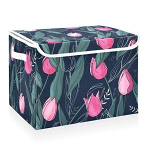 cataku pinkl tulips floral storage bins with lids and handles, fabric large storage container cube basket with lid decorative storage boxes for organizing clothes