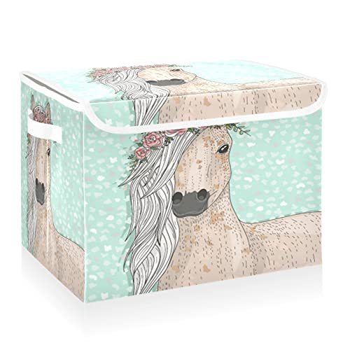 CaTaKu Horse Flowers Unicorn Storage Bins with Lids and Handles, Fabric Large Storage Container Cube Basket with Lid Decorative Storage Boxes for Organizing Clothes