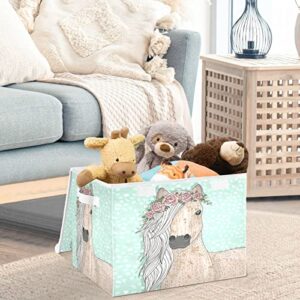 CaTaKu Horse Flowers Unicorn Storage Bins with Lids and Handles, Fabric Large Storage Container Cube Basket with Lid Decorative Storage Boxes for Organizing Clothes