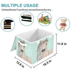 CaTaKu Horse Flowers Unicorn Storage Bins with Lids and Handles, Fabric Large Storage Container Cube Basket with Lid Decorative Storage Boxes for Organizing Clothes