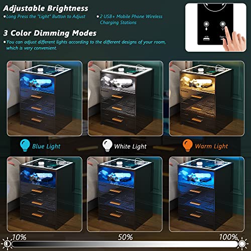 Lvifur LED Nightstand with Wireless Charging Station,3 Color Dimmable Auto Sensor Night Stand for Bedroom Furniture,Touch Screen Bedside Table with USB&Type-C Ports and 3 Drawers