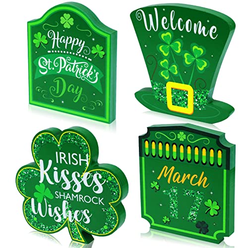 4 Pieces Table Sign Happy St Patricks Day Tabletop Decoration Lucky Shamrocks Wooden Wood Decor Irish Tiered Tray Décor for St. Patrick's Day Party Table Ornaments