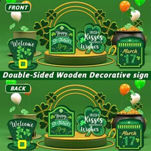 4 Pieces Table Sign Happy St Patricks Day Tabletop Decoration Lucky Shamrocks Wooden Wood Decor Irish Tiered Tray Décor for St. Patrick's Day Party Table Ornaments