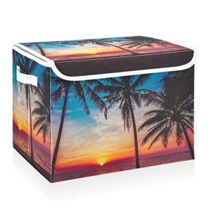 cataku sea sunset tropical storage bins with lids and handles, fabric large storage container cube basket with lid decorative storage boxes for organizing clothes