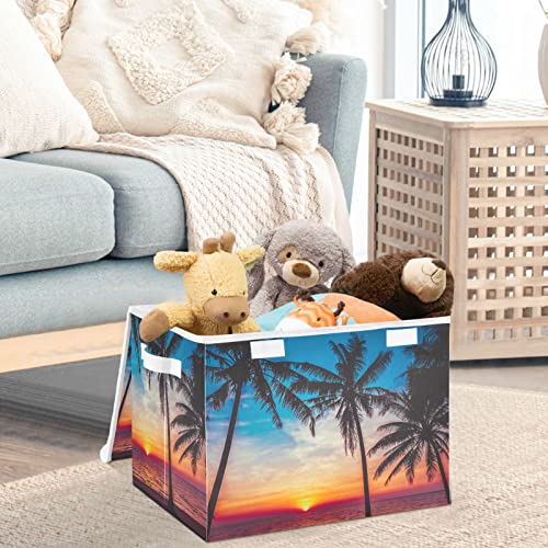 CaTaKu Sea Sunset Tropical Storage Bins with Lids and Handles, Fabric Large Storage Container Cube Basket with Lid Decorative Storage Boxes for Organizing Clothes