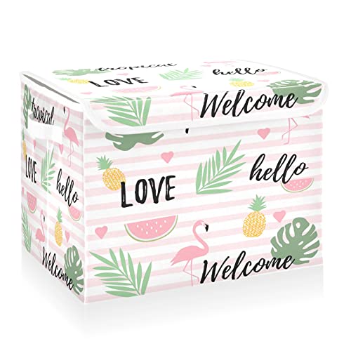 CaTaKu Famingos Pink Pineapples Storage Bins with Lids and Handles, Fabric Large Storage Container Cube Basket with Lid Decorative Storage Boxes for Organizing Clothes