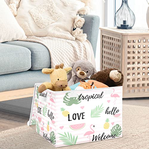 CaTaKu Famingos Pink Pineapples Storage Bins with Lids and Handles, Fabric Large Storage Container Cube Basket with Lid Decorative Storage Boxes for Organizing Clothes