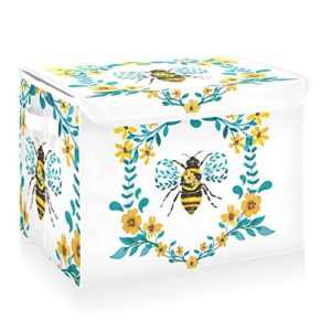 cataku watercolor flower bee storage bins with lids and handles, fabric large storage container cube basket with lid decorative storage boxes for organizing clothes