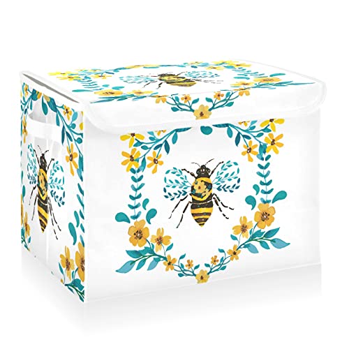 CaTaKu Watercolor Flower Bee Storage Bins with Lids and Handles, Fabric Large Storage Container Cube Basket with Lid Decorative Storage Boxes for Organizing Clothes