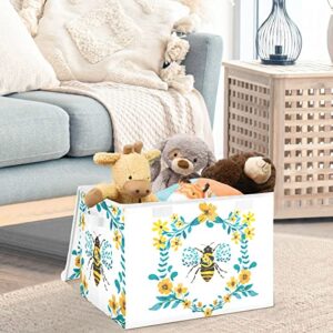 CaTaKu Watercolor Flower Bee Storage Bins with Lids and Handles, Fabric Large Storage Container Cube Basket with Lid Decorative Storage Boxes for Organizing Clothes